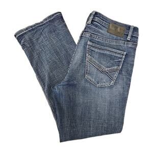 BKE Tyler Jeans Mens 38x32 Straight Leg Stretch Whiskered Blue Denim Buckle